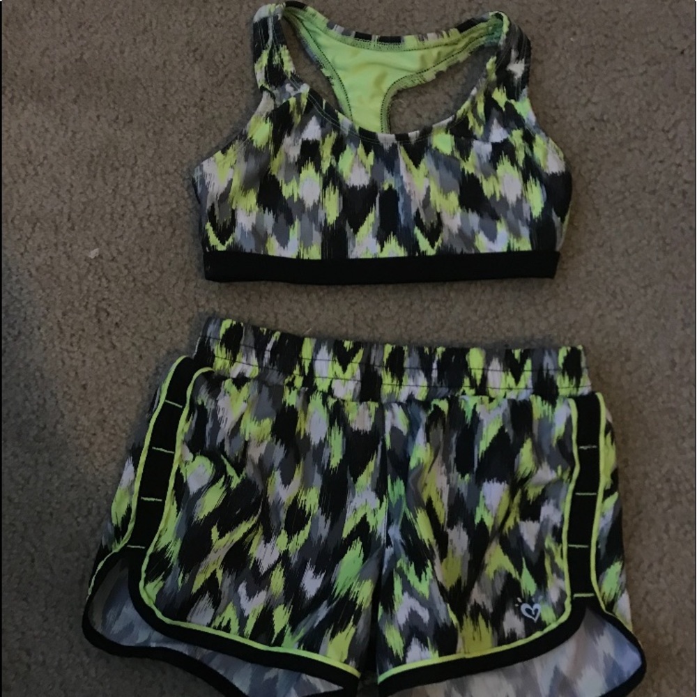 Black neon and white sports bra and shorts set